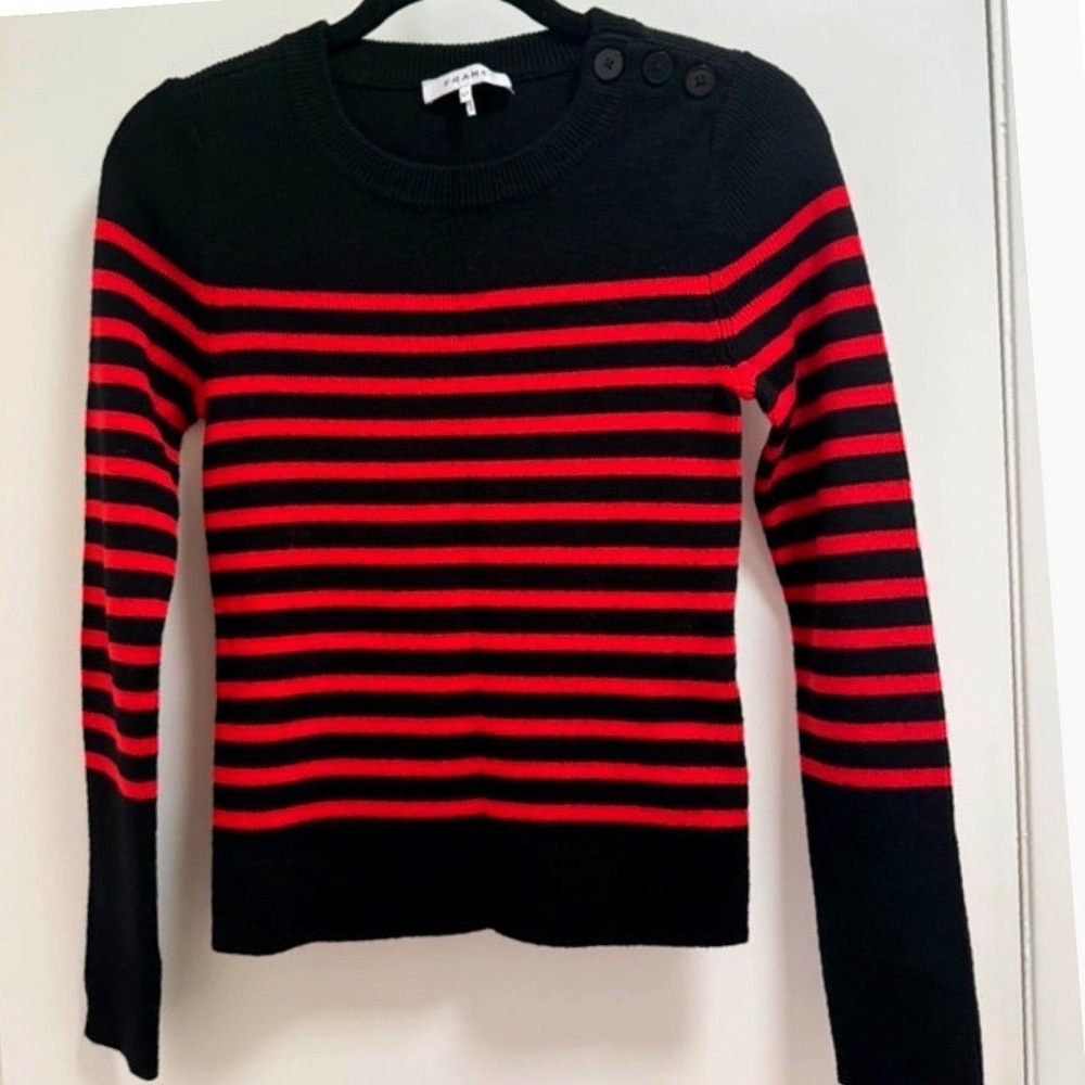 FRAME Noir Multi Striped Merino Wool Button Shoulder Sweater LWSW0415 Women S